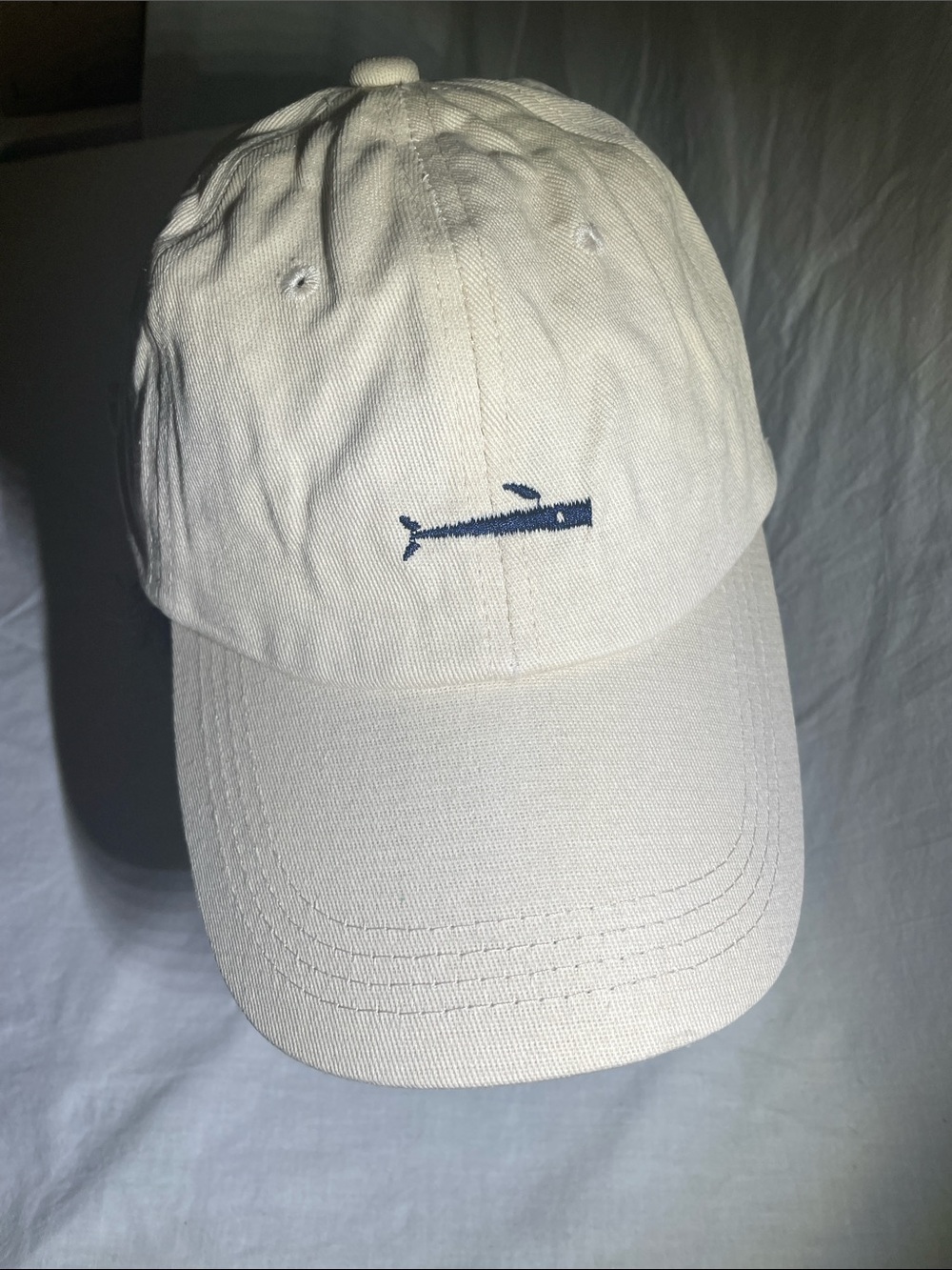 Cream Cotton Baseball Cap with Navy Whale Embroidery